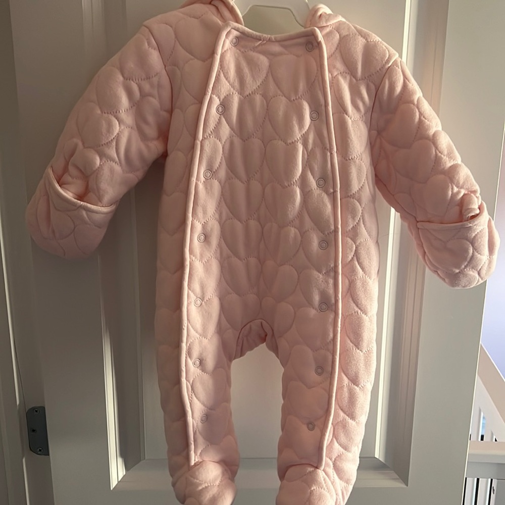 First wish , baby girl pramsuit , snowsuit, hooded , pink .